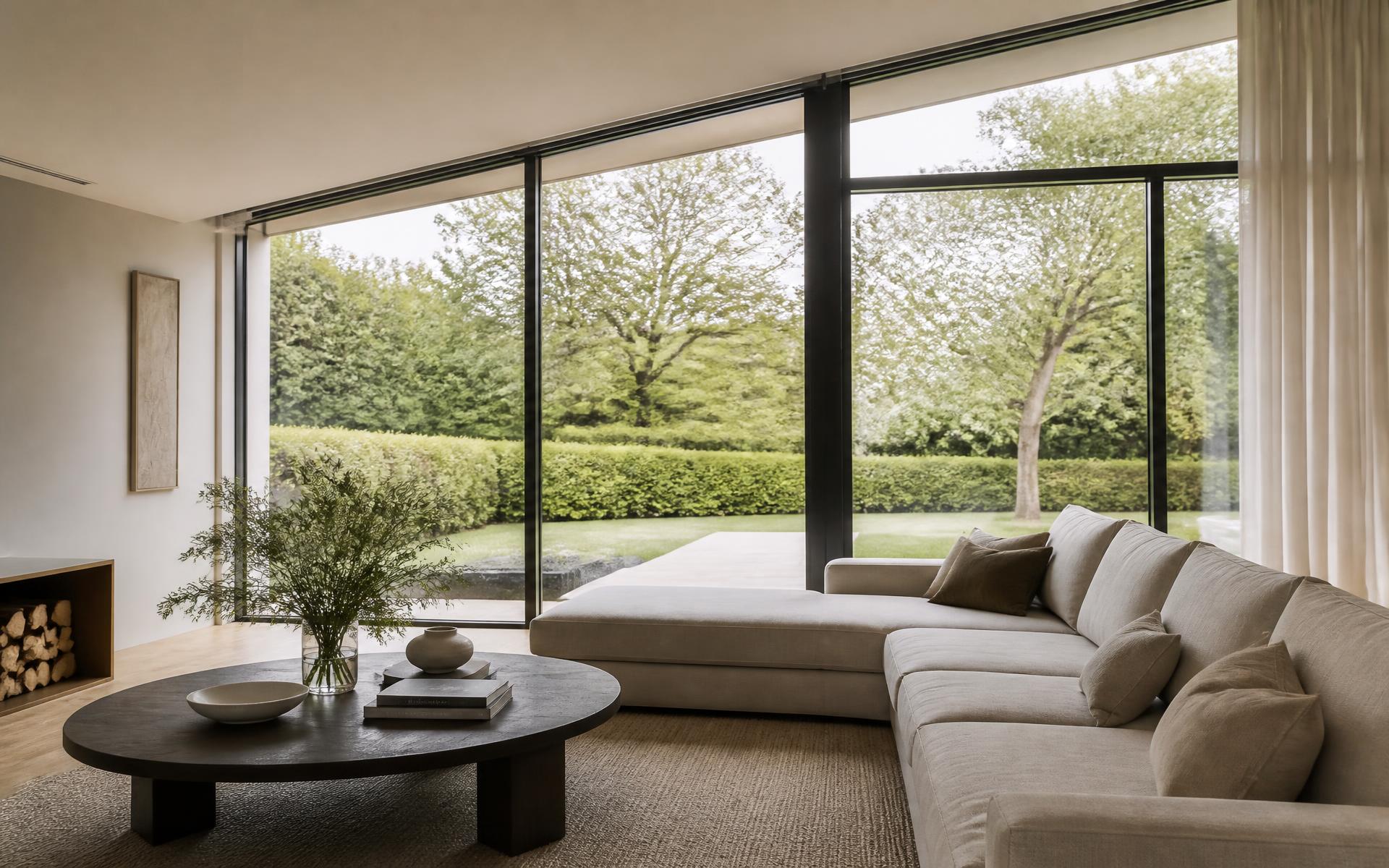 Soggiorno moderno con ampie finestre e infissi minimal